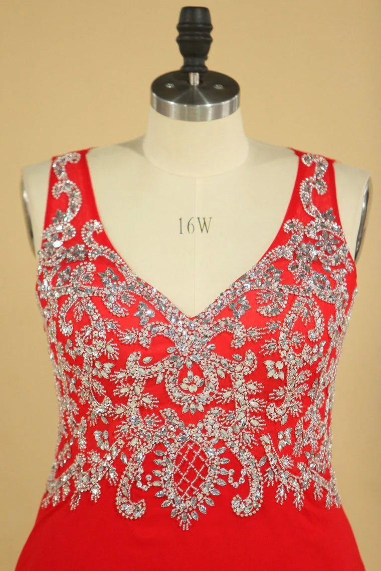 Plus Size V Neck Beaded Bodice Chiffon & Tulle A Line Party Dresses